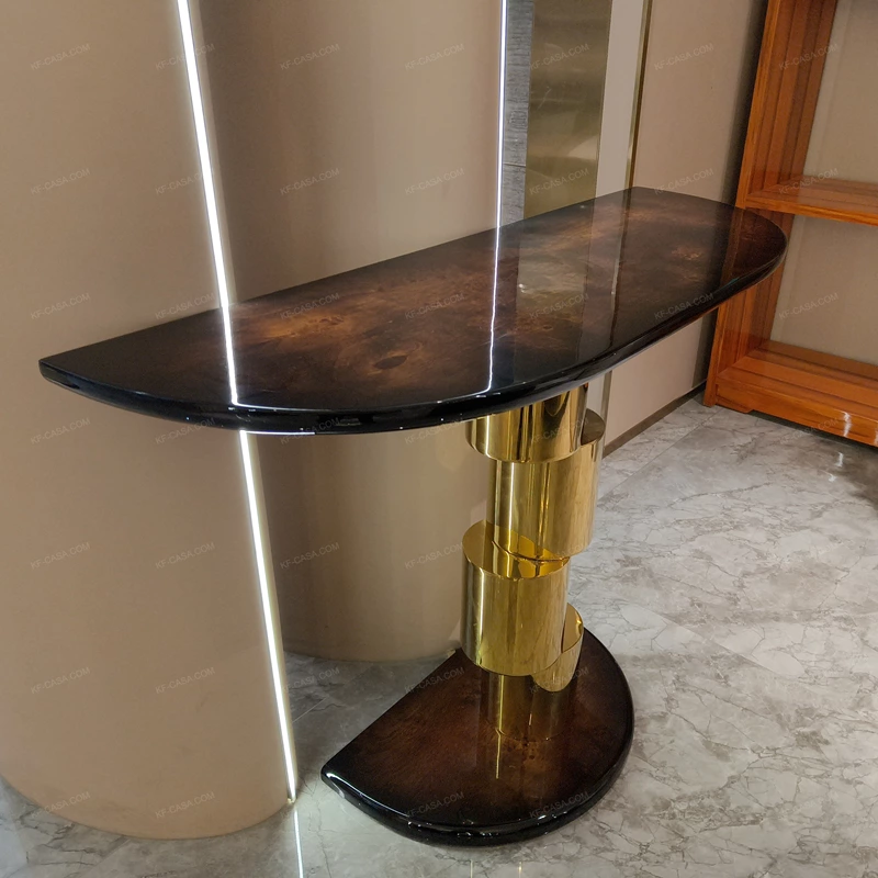 Half-Moon Dark Burl Wood Console Table with Stacked Gold Cylindrical Pedestal
